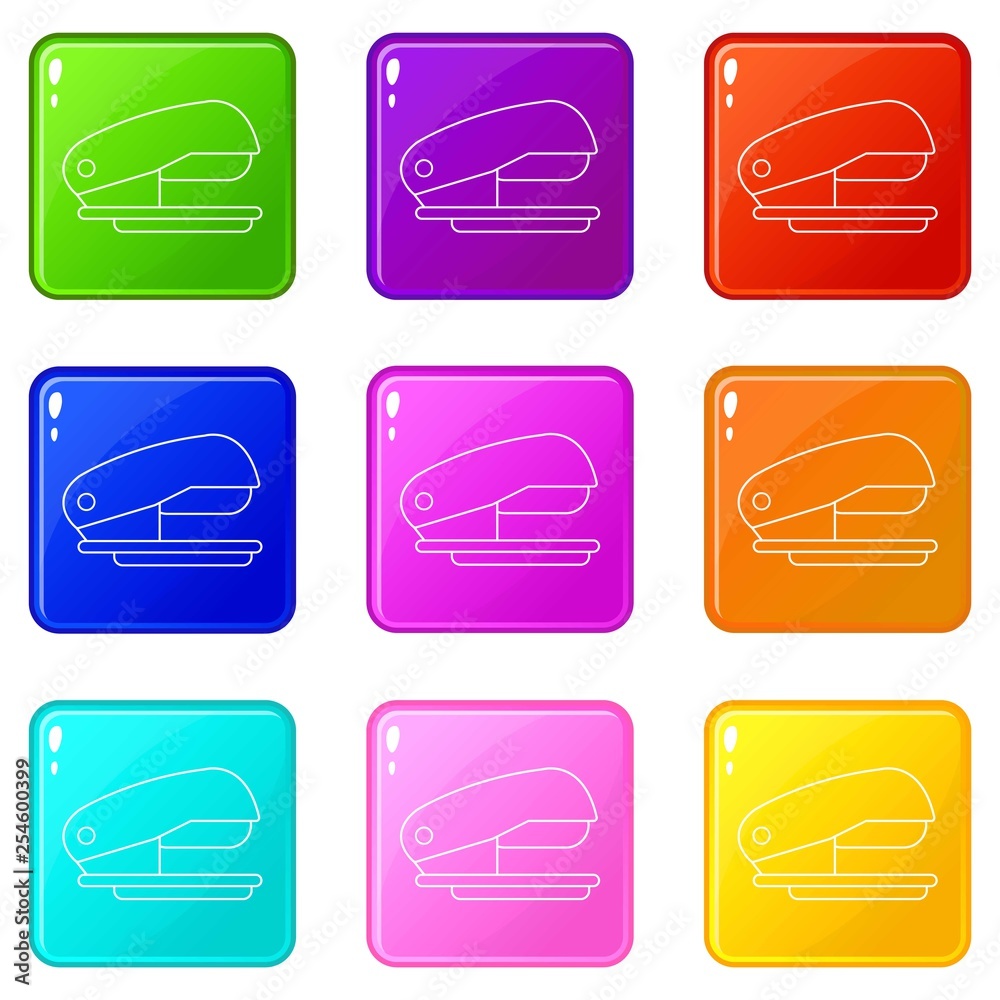Stapler icons set 9 color collection isolated on white for any design Stapler icons set 9 color collection isolated on white for any design