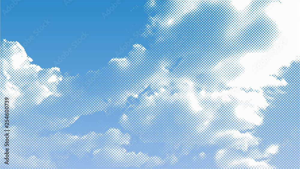 Color halftone texture of clouds. White clouds against blue sky. Vector illustration.