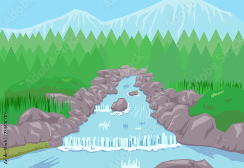 Rocky river with pine trees and alps in the background