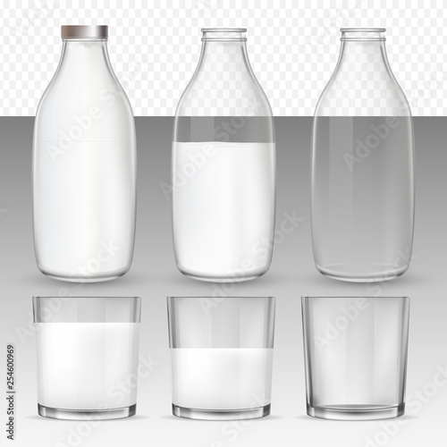 Set of realistic glasses and bottles with a milk.