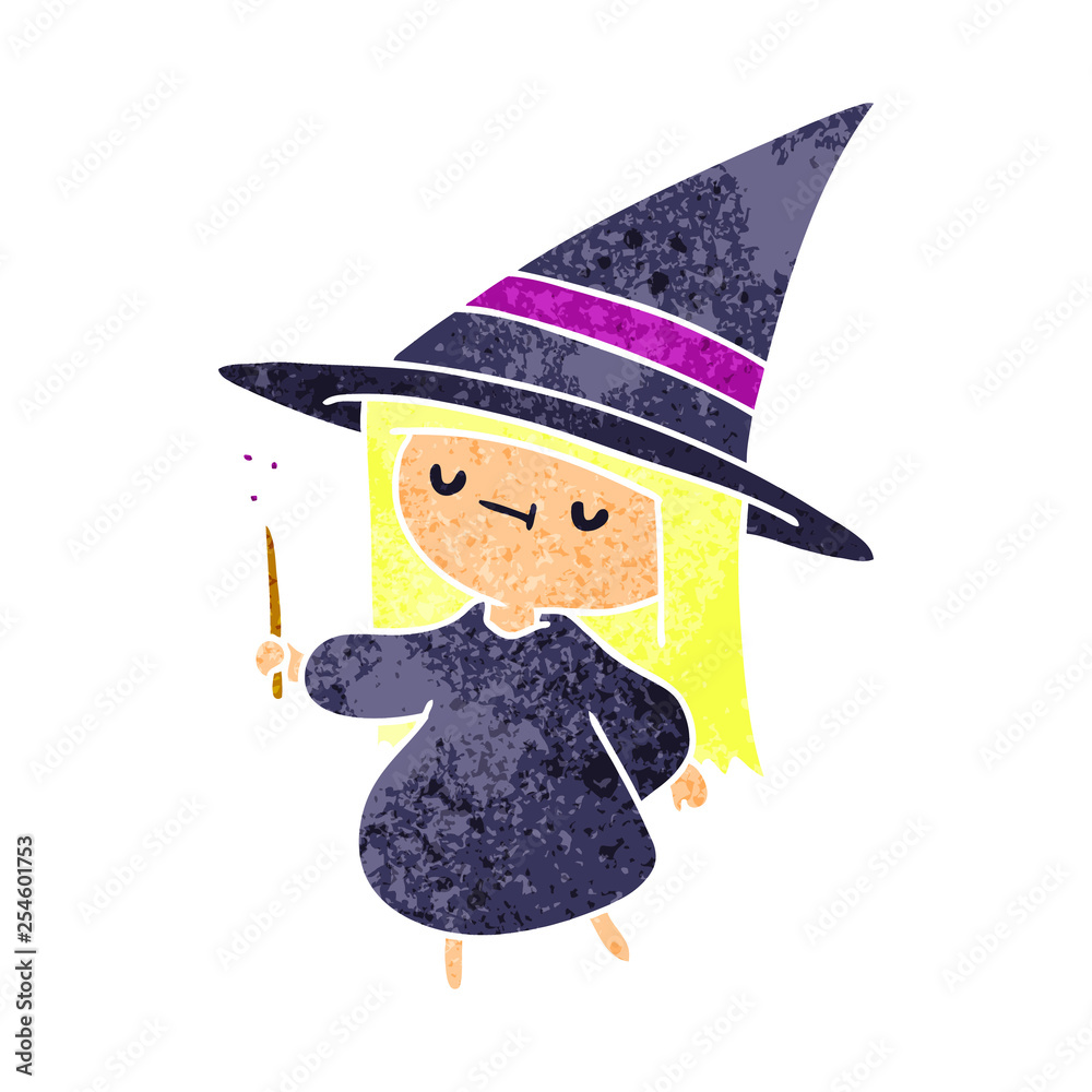 retro cartoon of a cute kawaii witch girl vector de Stock | Adobe Stock