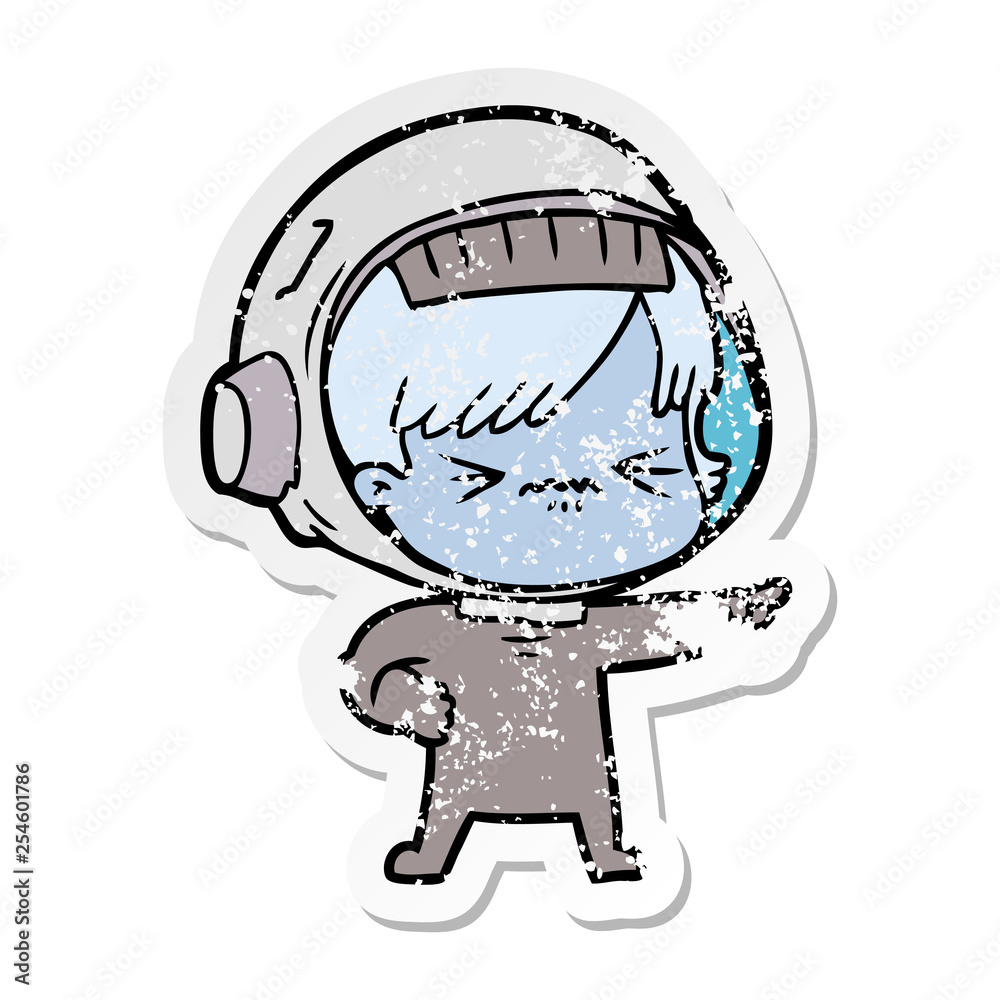 distressed sticker of a cartoon astronaut woman distressed sticker of a cartoon astronaut woman