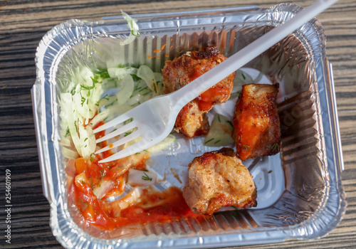 Fried meat with ketchup in a plastic plate photo