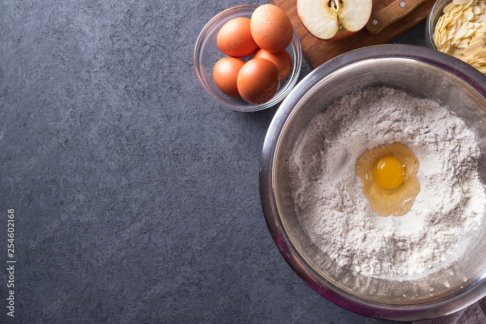 Ingredients for baking fresh pie. Top view. Copyspace
