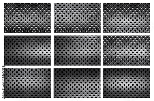 Set of seamless, pattern background with holes in stainless steel color