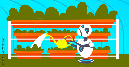 cute robot gardener watering plants in greenhouse modern farm interior organic farming artificial intelligence technology concept flat horizontal