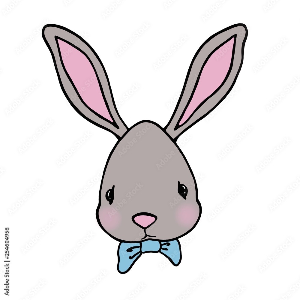 Fototapeta premium Cute little hare with pink cheeks and a blue bow tie on a white background