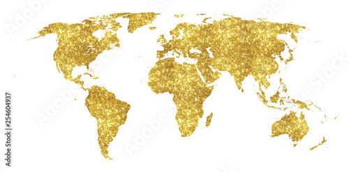 Fototapeta Naklejka Na Ścianę i Meble -  Golden world map concept illustration, gold planet geography icon made of golden glitter dust on white background.