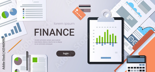 finance chart diagram business statistic concept top angle view workplace desktop with paper documents checklist financial analytic report office stuff copy space horizontal