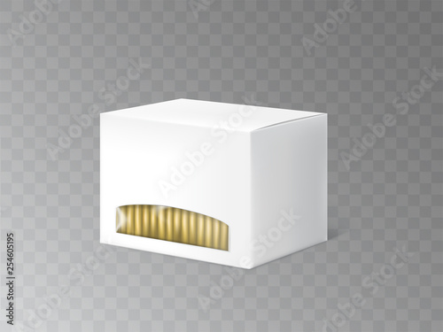 Food product paper packaging 3d realistic vector mockup template isolated on transparent background. Tea or cookies blank white closed cardboard box or container with plastic window illustration