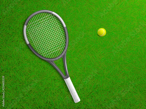 Tennis racket and ball lying on court lawn green grass 3d realistic vector illustration. Tennis tournament, racket sport inventory and accessories shop advertising background. Outdoor sport equipment © vectorpocket
