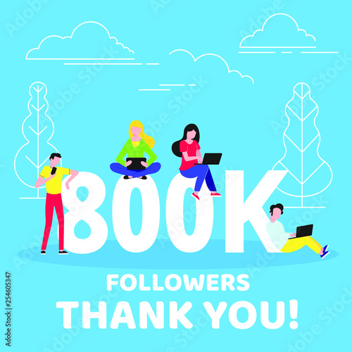 Thank you 800000 followers numbers postcard. People man, woman big numbers flat style design 800k thanks vector illustration isolated on blue background. Template for internet media and social network