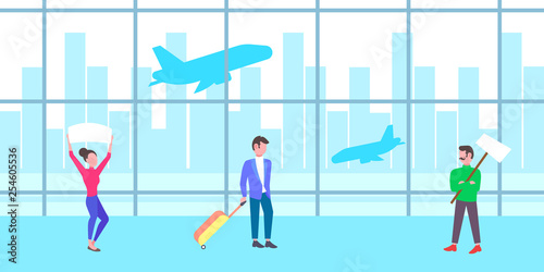 man woman people holding meeting placard empty signboard in airport waiting hall departure arrival terminal interior full length flat horizontal