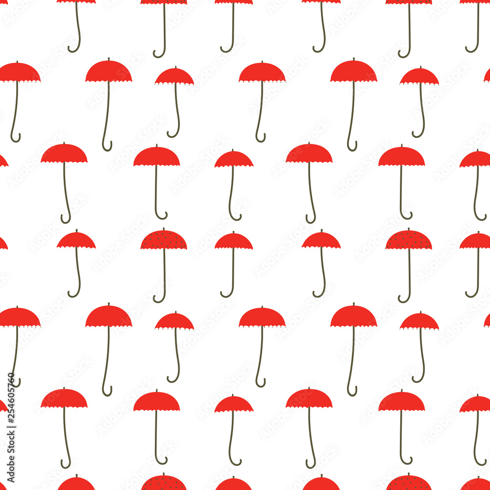 Umbrellas - seamless pattern. Small red umbrellas. Drawn by hand without using paints. Background or texture for tissue paper, etc.