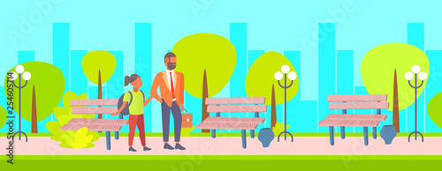 father and his little daughter back to school concept businessman with schoolgirl walking together outdoor public park cityscape background full length flat horizontal