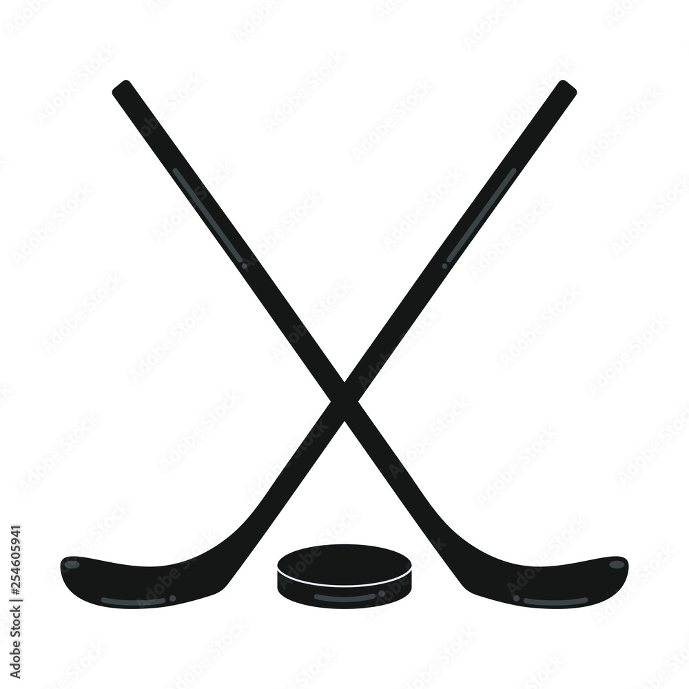 Two black hockey sticks and the puck flat style design composition vector  illustration icons signs isolated on white background. Symbols of the sport  game ice hockey. Stock Vector | Adobe Stock