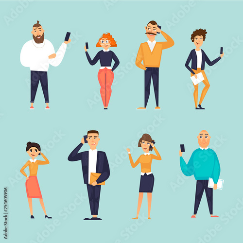 People talk on the phone, characters, business, communication. Flat design vector illustration.