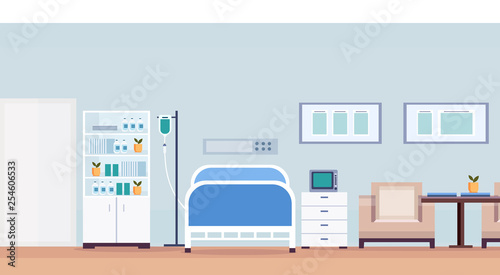 hospital room interior intensive therapy patient ward with medical tools nursing care bed empty no people modern clinic furniture horizontal