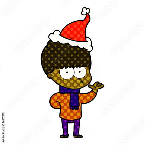nervous comic book style illustration of a boy wearing santa hat