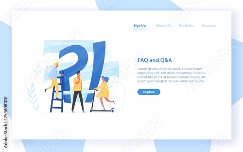 Web banner template with giant question mark and interrogation point and tiny people. FAQ, customer guide, user manual, useful information for problem solving. Flat colorful vector illustration.