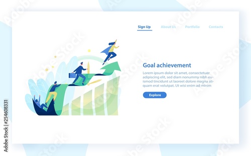 Website template with people, office workers, managers or clerks climbing on ascending graph or trend. Business goal achievement, career growth and development. Flat colorful vector illustration.