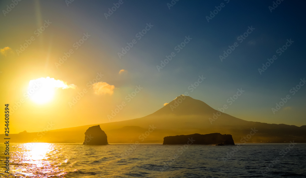 Sunrise over Pico volcano and island, Azores, Portugal