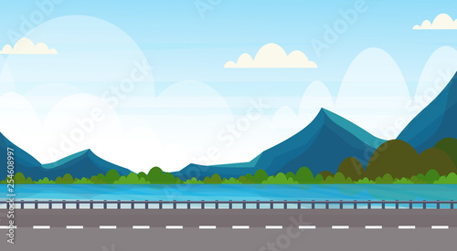 road near river mountain forest woods natural landscape background horizontal banner flat