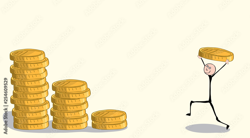 Happy man with a big golden coin raised above his head goes to stack