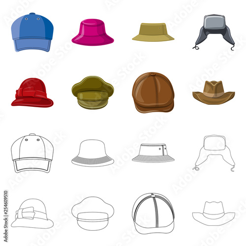 Vector illustration of headgear and cap symbol. Collection of headgear and accessory stock vector illustration.