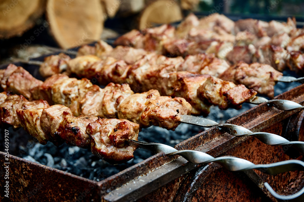 Cooking meat strung on a skewer in a barbecue in the heat of the smoldering hive. Selective focus. Close-up. Toasted pieces of meat look very appetizing on skewers.