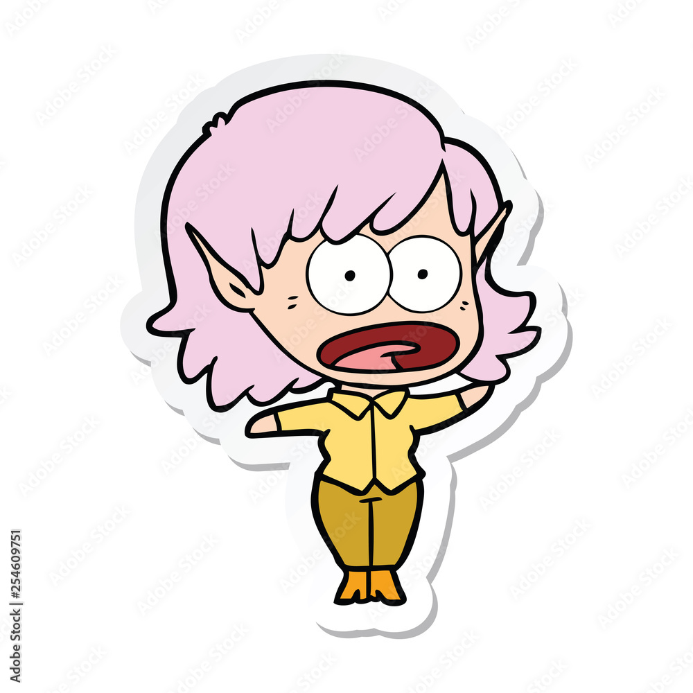 sticker of a cartoon shocked elf girl sticker of a cartoon shocked elf girl