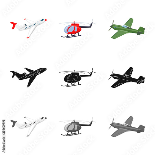 Vector illustration of plane and transport icon. Collection of plane and sky stock vector illustration.