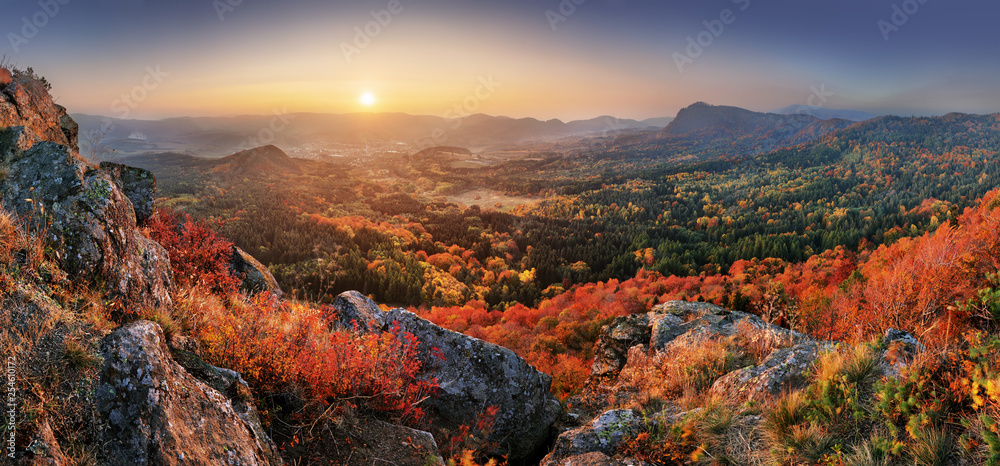 Sunrise autumn panorama from peak - Slovakia, Handlova