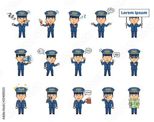 Set of postman characters showing various actions, emotions. Funny postman singing, sleeping, holding placard, loudspeaker, map, taking photo and doing other actions. Simple vector illustration