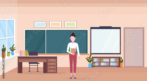woman teacher standing in modern school classroom interior chalk board desk female cartoon character full length horizontal banner flat vector illustration