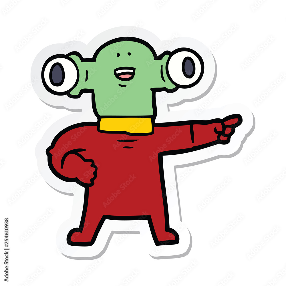 sticker of a friendly cartoon alien pointing sticker of a friendly cartoon alien pointing