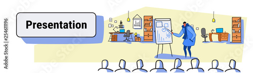 casual man speaker pointing financial graph on flip chart conference meeting presentation concept businessman team training sketch flow style horizontal banner