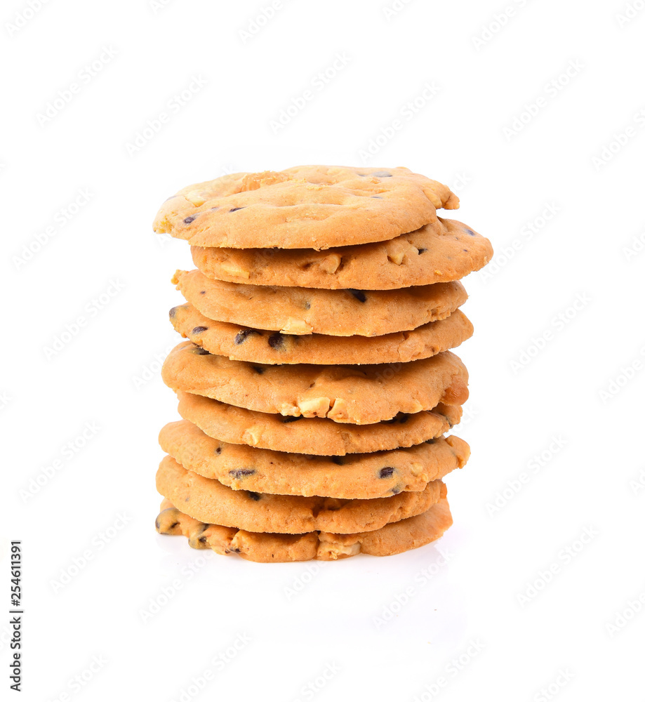 Chocolate chip cookies Cashews on white background Chocolate chip cookies Cashews on white background