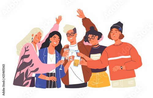 Group of happy boys and girls clinking glasses and drinking alcohol at celebratory party. Portrait of cute joyful friends celebrating together. Colorful vector illustration in flat cartoon style.