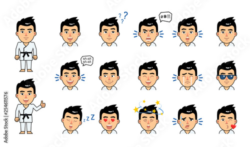 Set of sportsman emoticons. Martial art expert emojis showing various facial expressions. Happy, sad, laugh, cry, tired, funny, sleepy, angry, in love and other emotions. Simple vector illustration