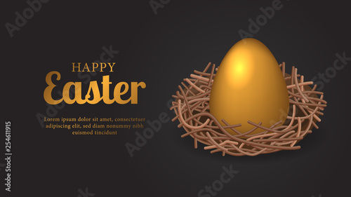 big golden 3D egg decoration for easter party celebration on the nest with black background
