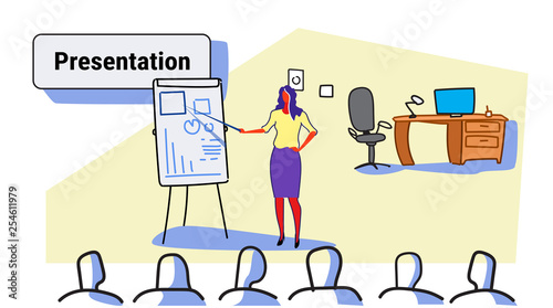 elegant woman speaker pointing financial graph on flip chart conference meeting presentation concept businesswoman team leader training sketch flow style horizontal