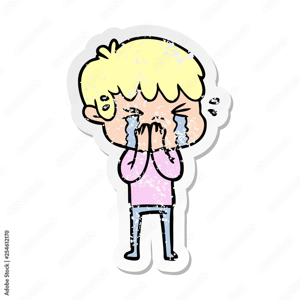 distressed sticker of a cartoon boy crying distressed sticker of a cartoon boy crying