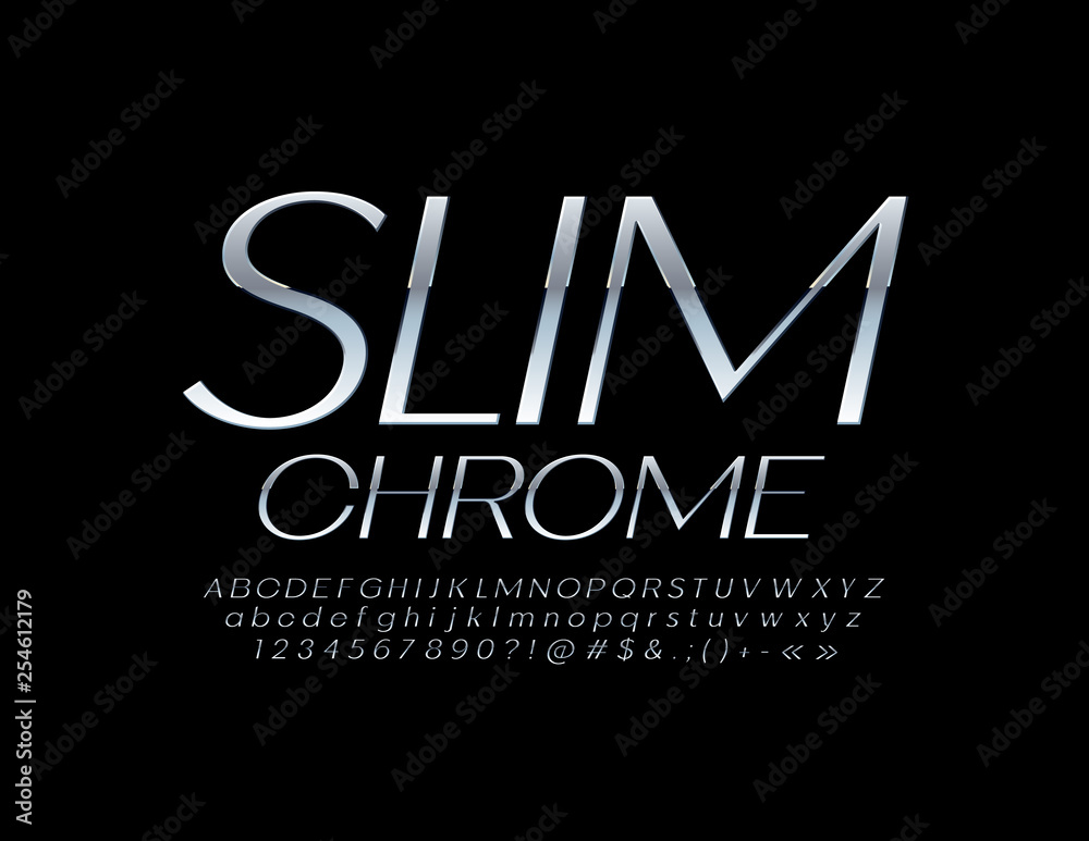 Vector glossy Slim Chrome Font. Elegant Silver Alphabet Letters and Symbols.