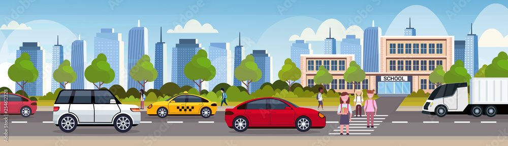 pupils crossing road on crosswalk school building exterior back to school concept cityscape background flat full length horizontal banner