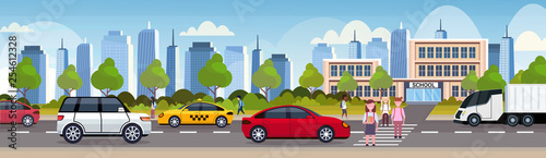 pupils crossing road on crosswalk school building exterior back to school concept cityscape background flat full length horizontal banner