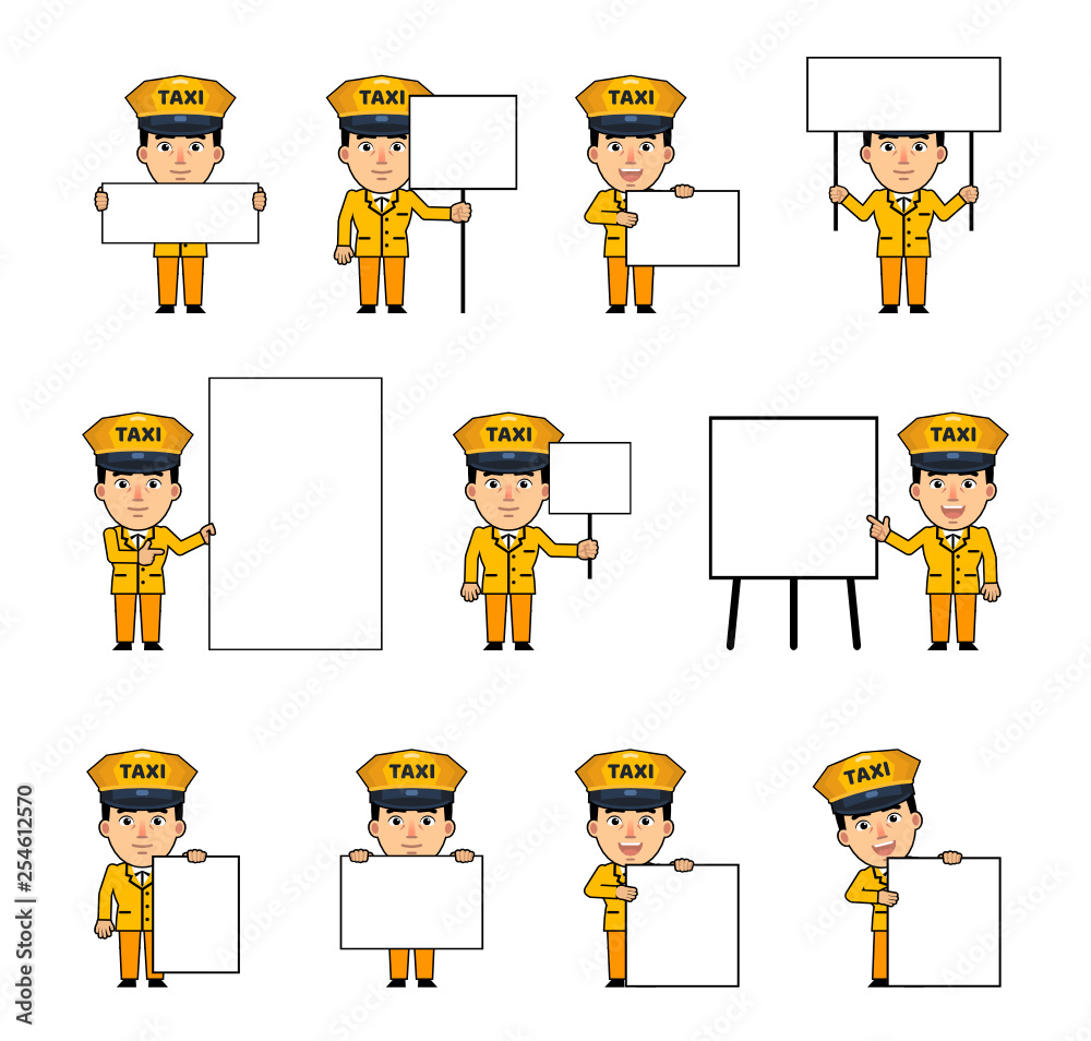 Set of taxi driver characters posing with various blank banners. Funny driver holding paper, poster, placard, pointing to whiteboard. Teach, advertise. Simple vector illustration