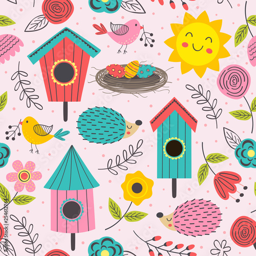 spring seamless pattern with cute animals - vector illustration, eps
