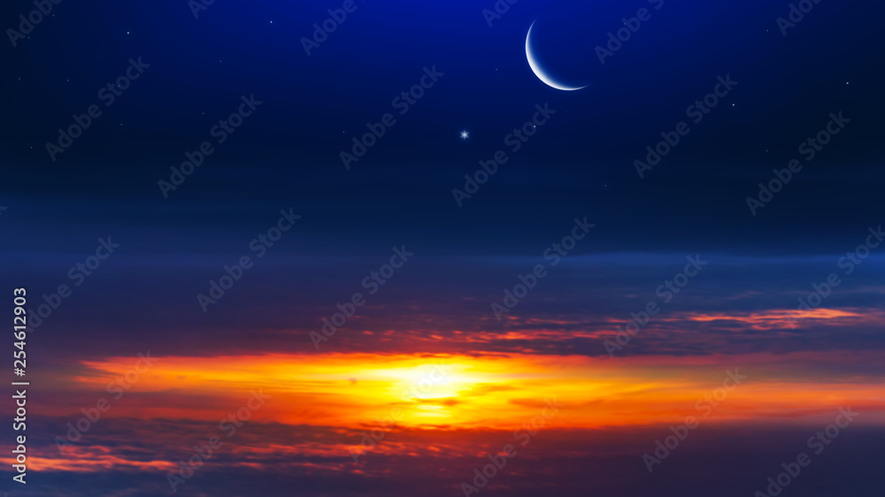 The sky in the night of stars. New Moon. Ramadan background. Prayer time. Dramatic nature of a background. Arab night