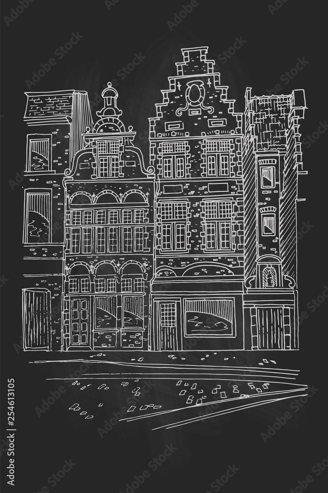 Vector sketch of traditional old belgian urban architecture